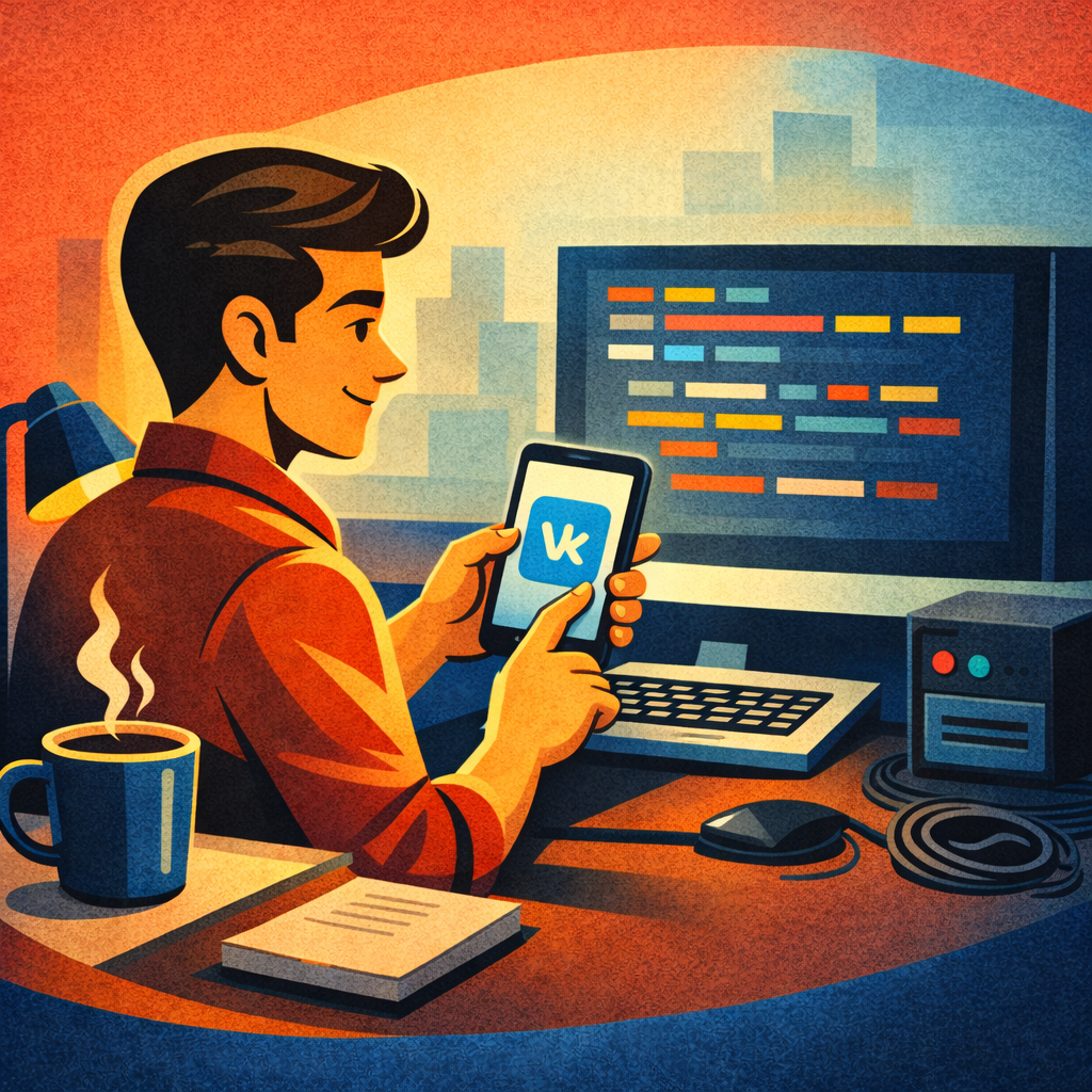 Ноутбук с открытым интерфейсом мини-приложения ВКонтакте, рядом схема архитектуры с блоками «UI», «API VK», «сервер» и стрелками сценария.