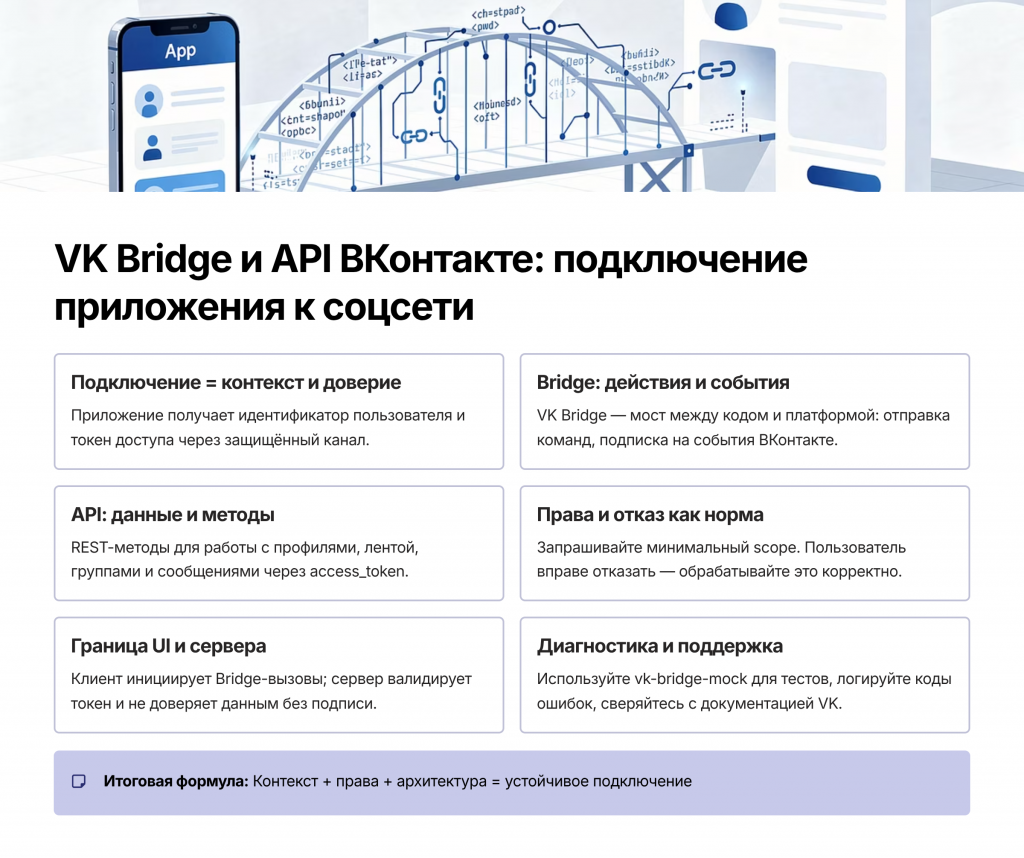 Схема взаимодействия мини-приложения VK: фронтенд связан с VK Bridge, далее с VK API и сервером, стрелки показывают контекст и ответы.