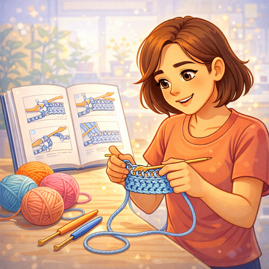Человек спокойно вяжет крючком у окна, на коленях лежит мягкое полотно и моток пряжи, рядом чашка чая и тёплый плед; атмосфера тихая и сосредоточенная.