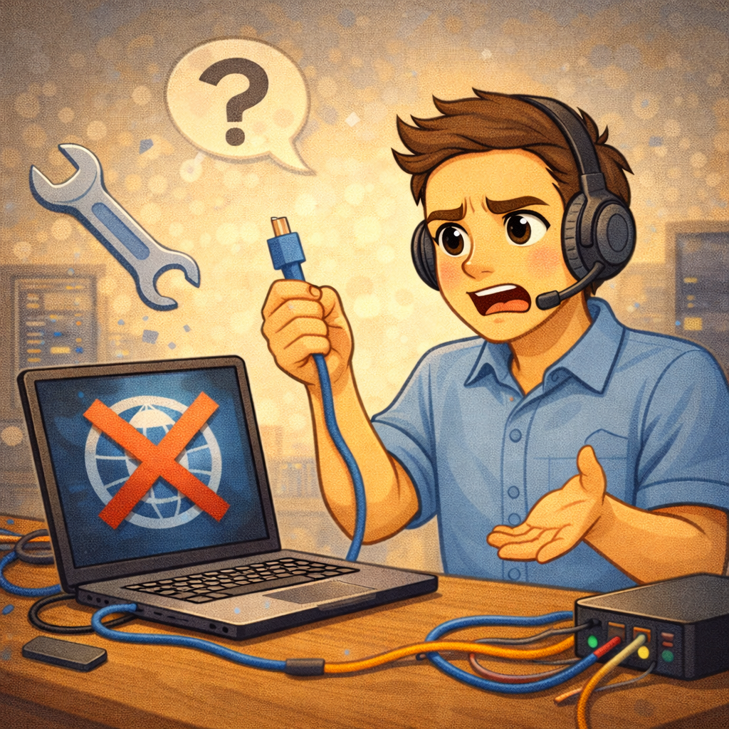 Системный администратор в серверной проверяет состояние дисков и сетевых портов на панели мониторинга рядом со стойкой оборудования.