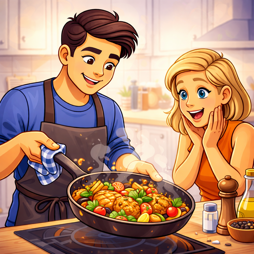 Кухонная сцена: рука добавляет щепоть соли в кастрюлю, рядом мерная ложка и лимон как символ баланса вкуса, на плите — соус, который уварился.