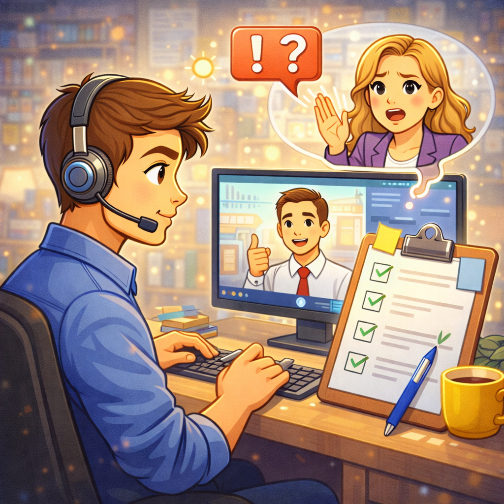 Специалист техподдержки структурирует кейс: на экране тикет с чёткими шагами диагностики и результатами проверок, рядом заметки и спокойная рабочая обстановка.