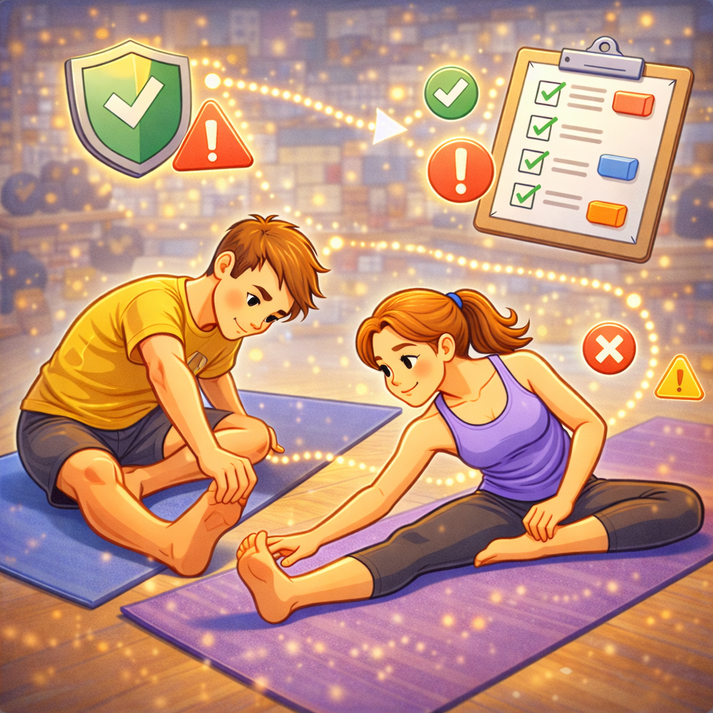 Человек выполняет мягкую растяжку дома на коврике рядом с диваном; рядом таймер и блокнот с планом тренировки, спокойная обстановка, без читаемого текста.