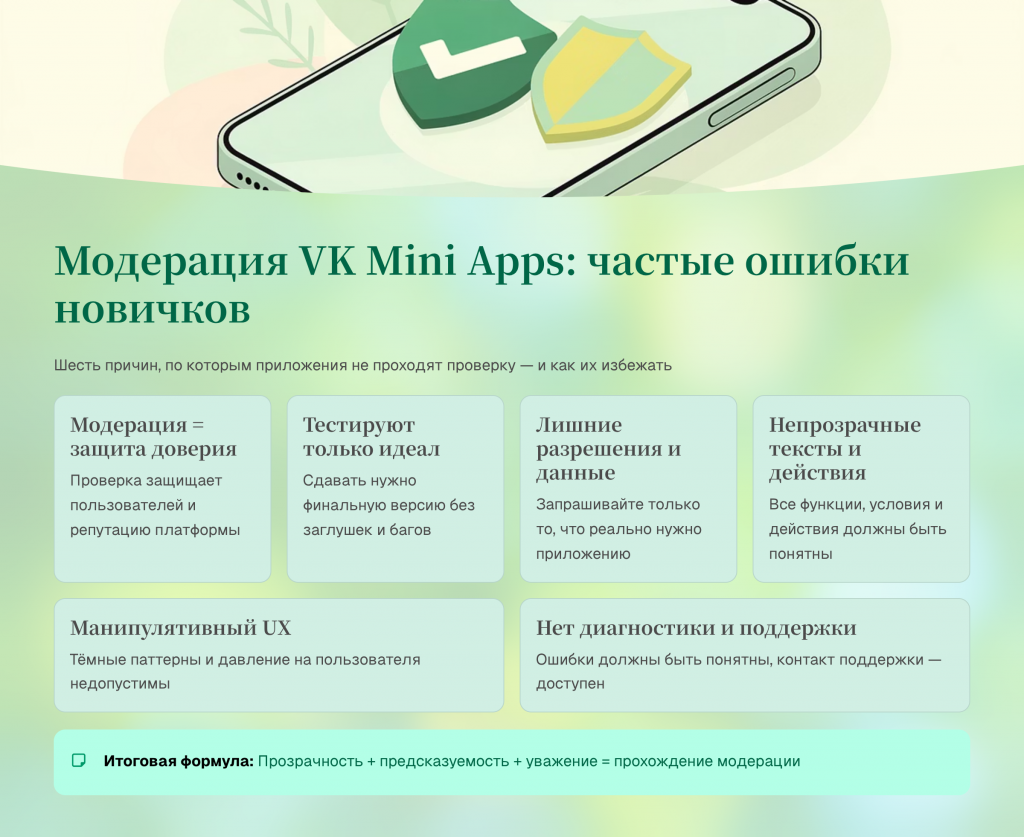 Экран проверки приложения: чек модерации, рядом интерфейс мини-приложения VK с пометками ошибок в разрешениях, текстах и сценарии.