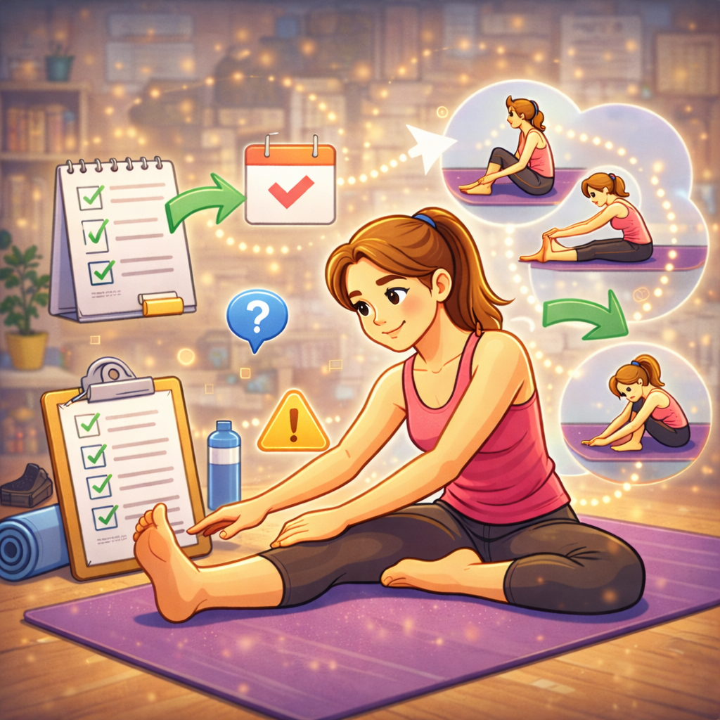 Человек делает мягкую йога-практику дома у окна: спокойная поза на коврике, внимание на дыхании, рядом иконки выдоха и расслабления, без читаемого текста.