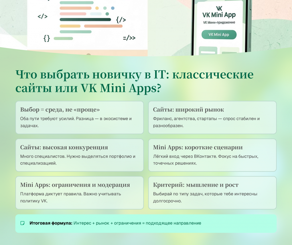 Сравнительная сцена: слева ноутбук с браузером и классическим сайтом, справа смартфон с мини-приложением VK, между ними нейтральная схема критериев выбора.