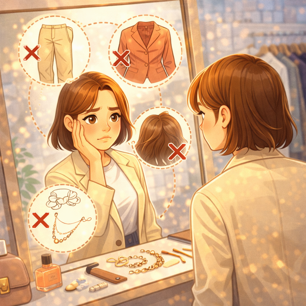 Схема «ошибки образа»: силуэт с отмеченными зонами посадки, длины, обуви и деталей; рядом иконки «восклицательный знак», «линейка пропорций» и «щётка ухода», без читаемого текста.