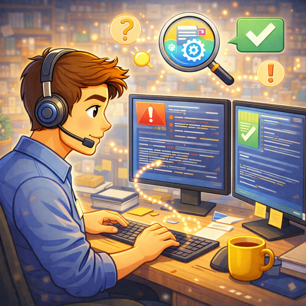 Специалист поддержки анализирует обращение в тикет-системе: на экране чек-лист диагностики и поле заметок, рядом монитор со статусом сервисов и спокойное рабочее место.