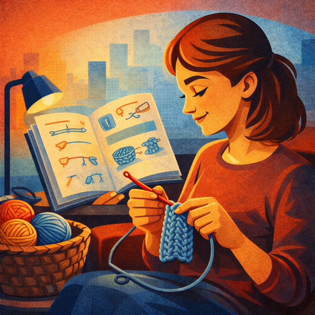 Крупный план: руки вяжут крючком ровный ряд столбиков на гладкой пряже; рядом лежит образец с неровными петлями для сравнения и один крючок среднего размера.