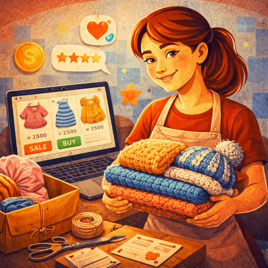 Вязаные изделия аккуратно разложены на нейтральном фоне для съёмки: шапка, шарф и сумка; рядом бирка с составом и крючок, на заднем плане мягкий свет и упаковка для отправки.