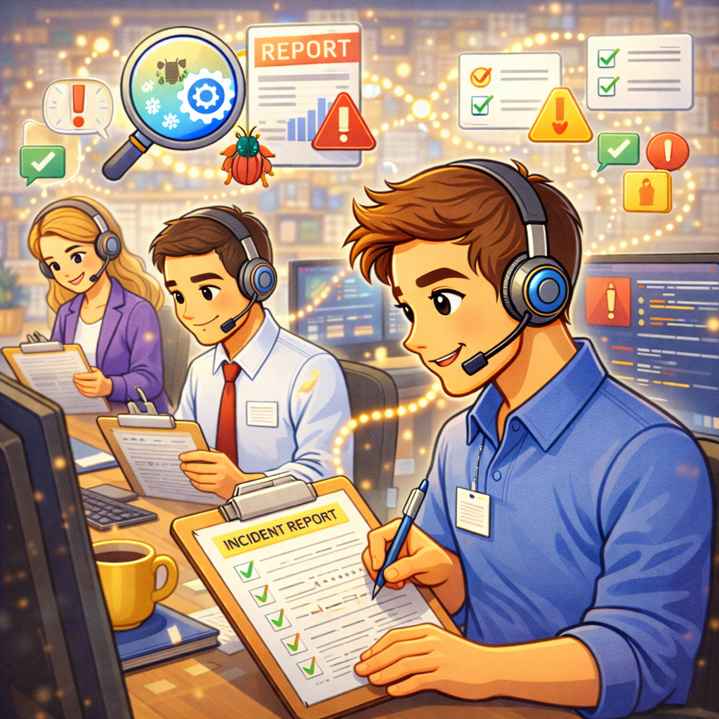 Специалист поддержки анализирует ошибку: на экране тикет с чек-листом проверок и логами, рядом иконки «лупа», «галочка» и «таймер», без читаемого текста; атмосфера спокойной концентрации.