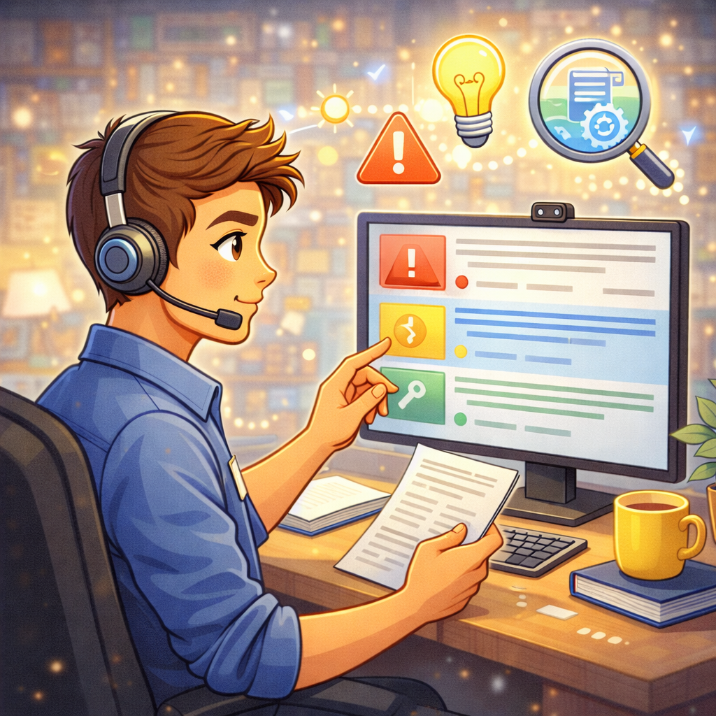 Специалист техподдержки принимает новый тикет: на экране структурированная карточка с полями «симптом», «окружение», «время», «масштаб», рядом чек-лист уточняющих вопросов, без читаемого текста.