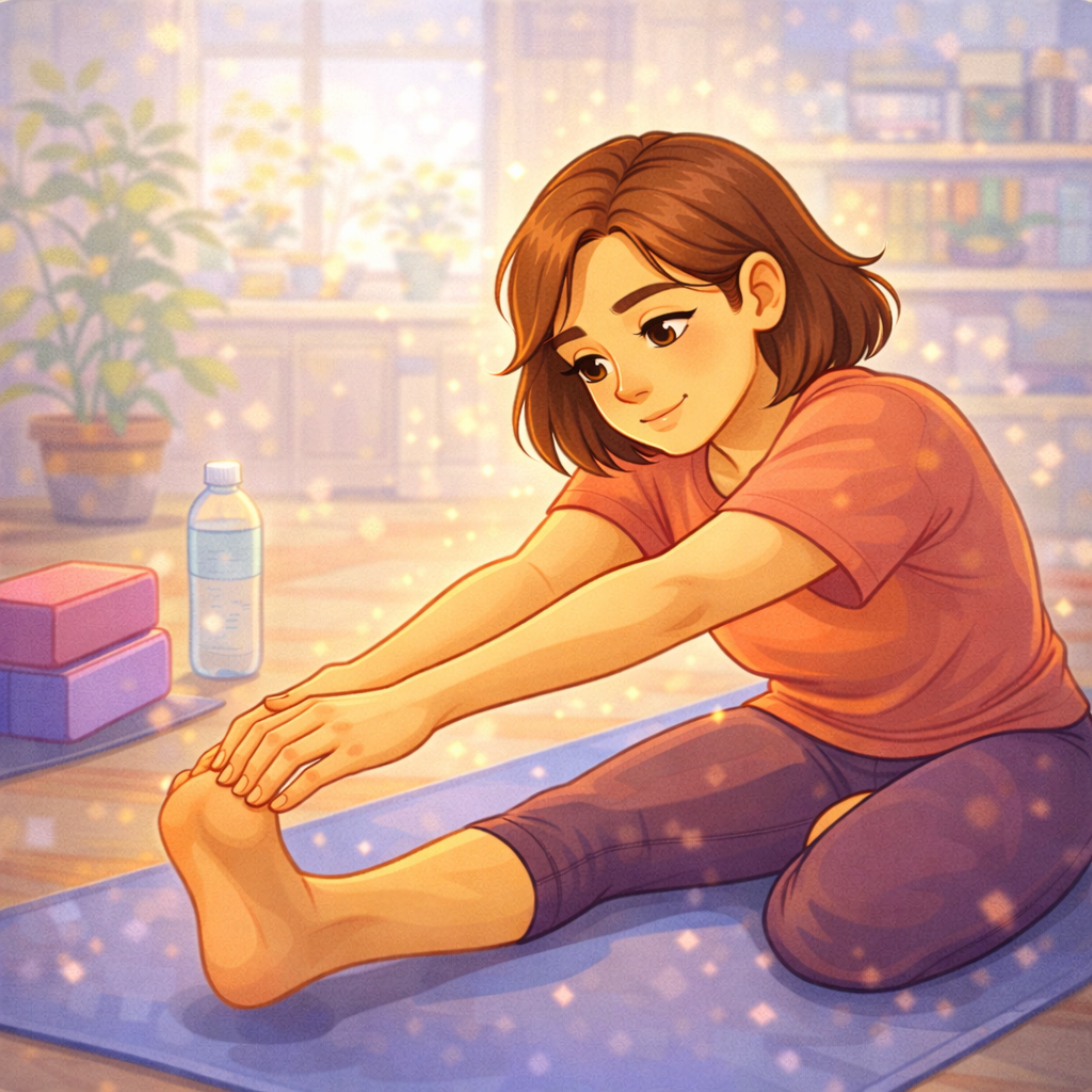 Человек сидит на коврике у стены, делает мягкое дыхание с длинным выдохом; рядом иконки «опора», «выдох-волна» и «щит безопасности», без читаемого текста.