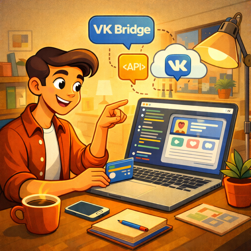 Сравнительная сцена: слева ноутбук с браузером и классическим сайтом, справа смартфон с мини-приложением VK, между ними нейтральная схема критериев выбора.