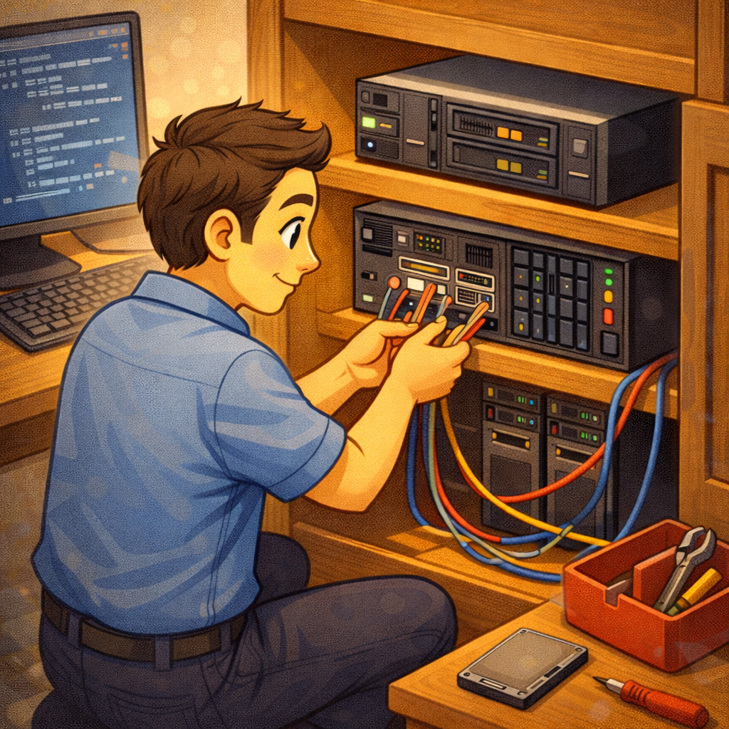 Начинающий сисадмин с ноутбуком смотрит на список задач и схему сети, рядом резюме и заметки по домашнему стенду как символ подготовки к первой работе.