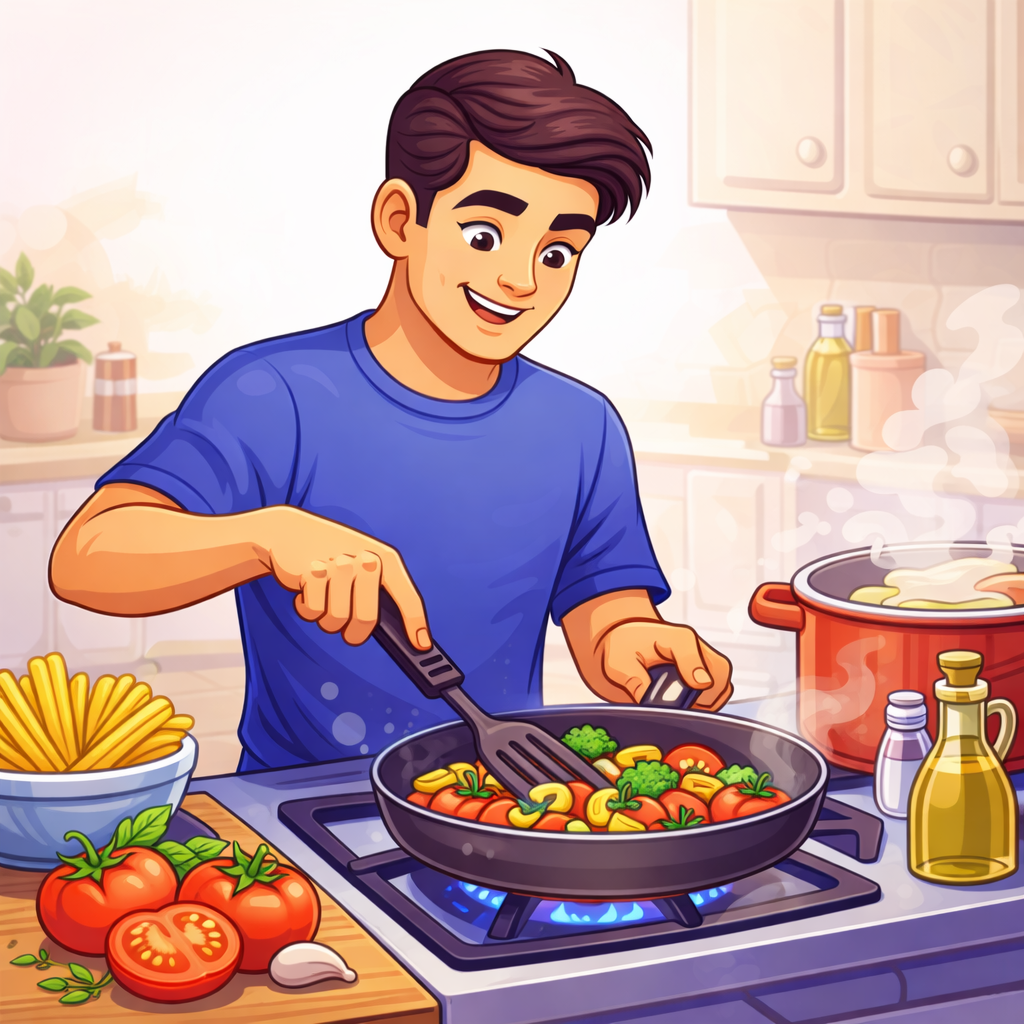 Противень с запечёнными овощами и белком рядом с миской крупы и лёгким соусом на йогурте, на столе — тарелка с собранным здоровым блюдом.