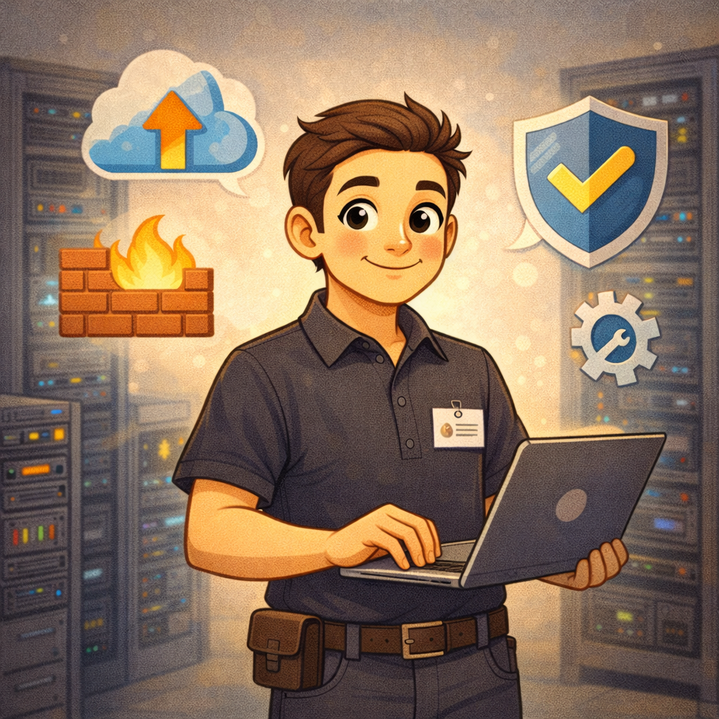 Схематичный сервер принимает запросы от компьютера и телефона, обрабатывает их и возвращает ответы, рядом показаны ресурсы CPU, RAM, диск и сеть.