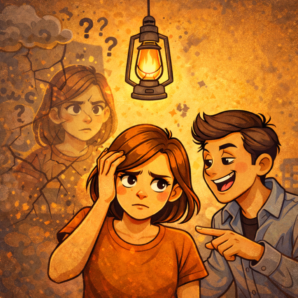 Человек смотрит в зеркало спокойно и без напряжения, на столе рядом блокнот и чашка, атмосфера самоуважения и внутренней опоры.