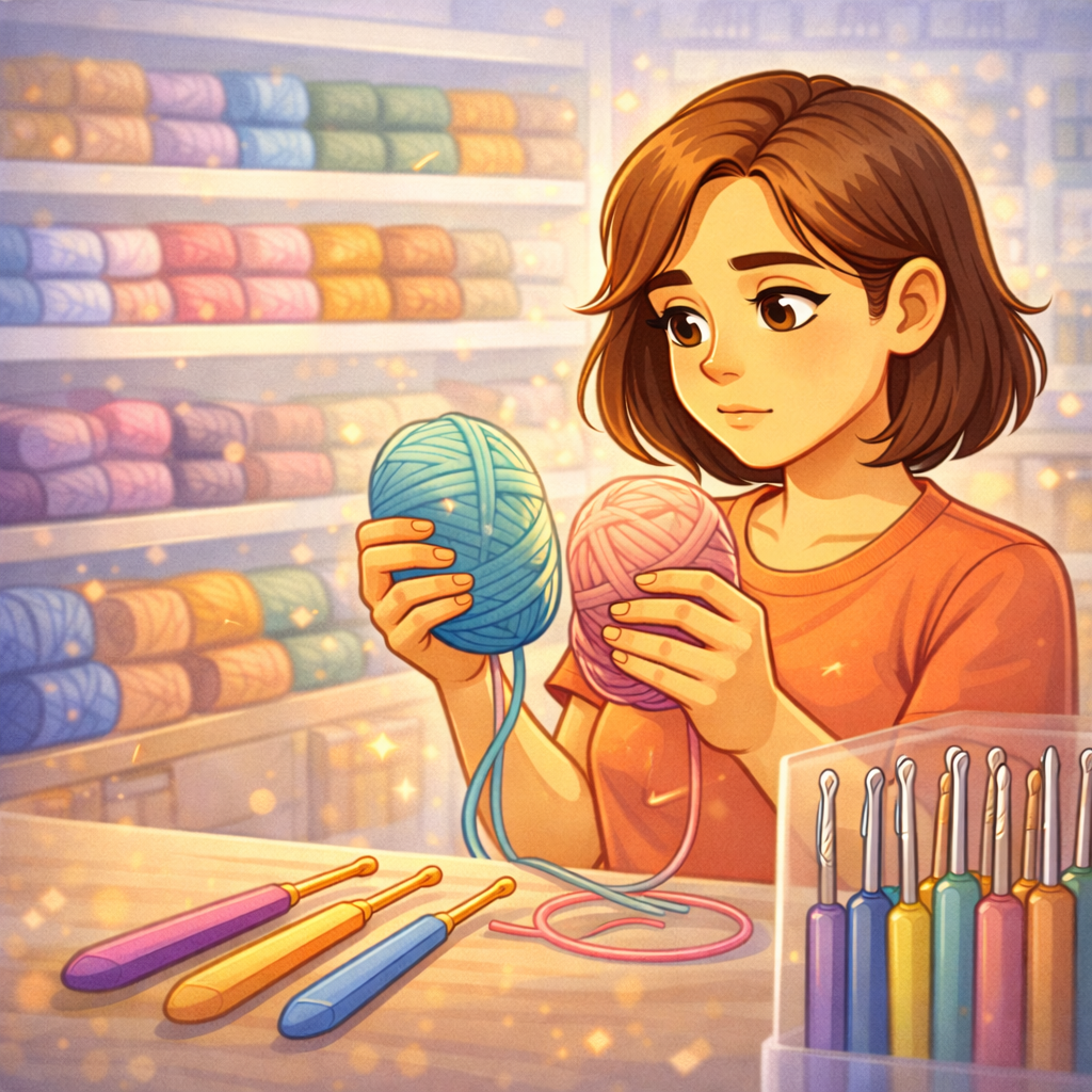 Сравнение двух образцов вязания крючком: один с волнистым краем и разной плотностью, второй ровный и стабильный; рядом крючок, моток гладкой пряжи и заметки о счёте петель.