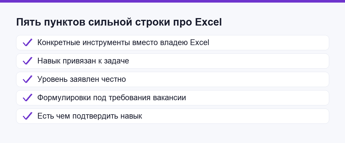 Чек-лист из пяти пунктов сильной строки про Excel в резюме