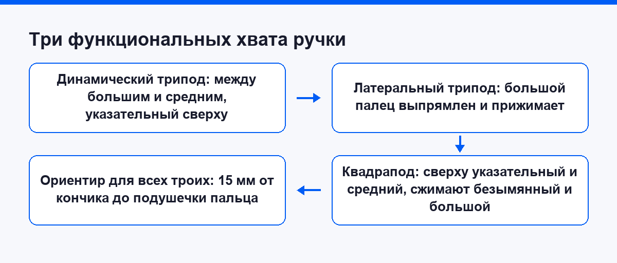 Три функциональных хвата ручки: динамический трипод, латеральный трипод, квадрапод