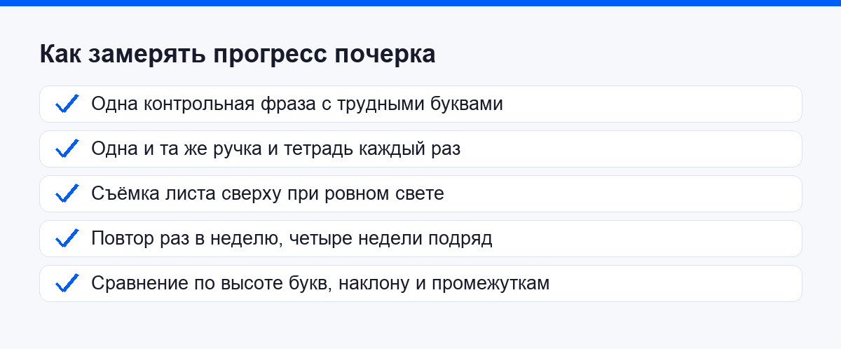 Чек-лист замера прогресса почерка: одна фраза, одна ручка, одна тетрадь, съёмка раз в неделю