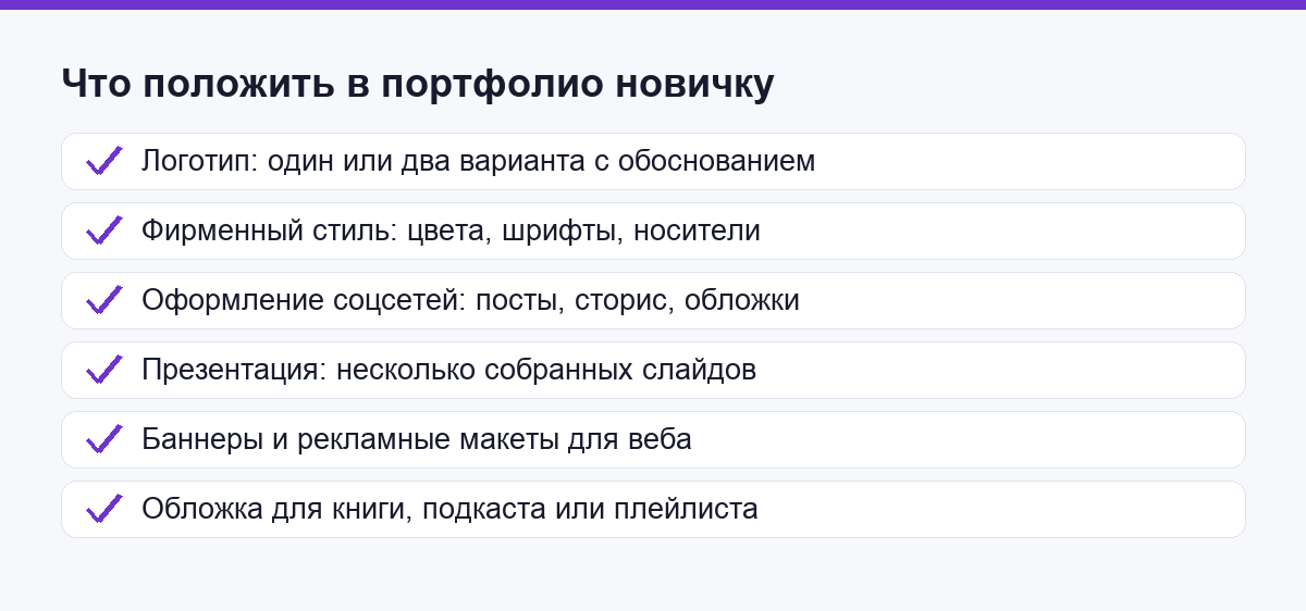 Чек-лист из шести работ для портфолио начинающего графического дизайнера