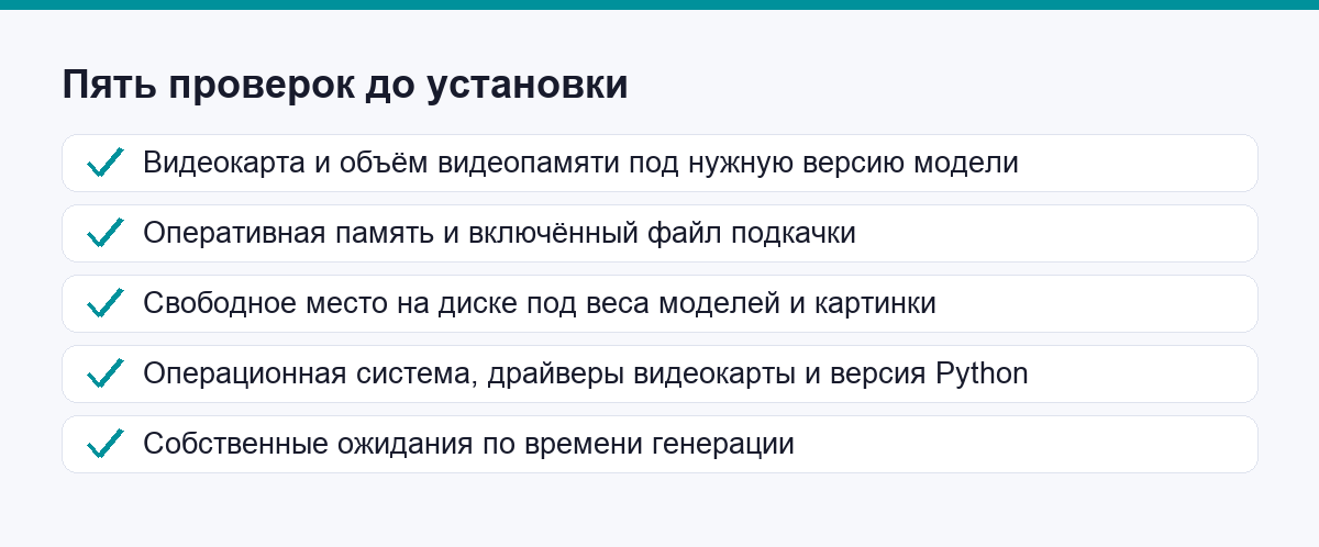 Пять проверок перед установкой Stable Diffusion: видеопамять, оперативная память, диск, драйверы, время