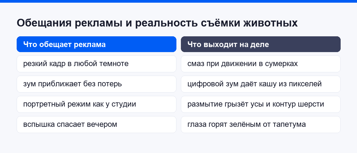 Сравнение обещаний рекламы и реальных снимков животных на смартфон
