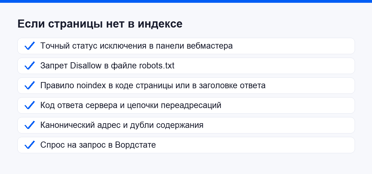 Что проверить, если страницы нет в индексе
