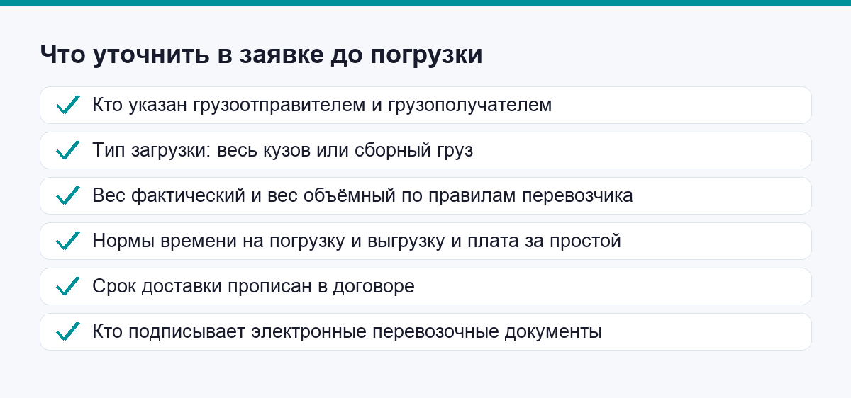 Список того, что уточняют в заявке до погрузки