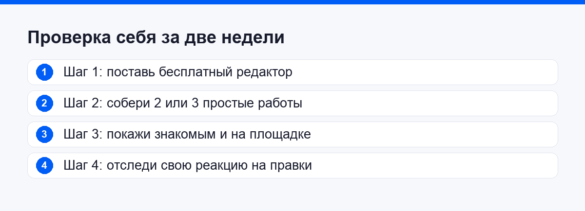 Проверка себя за две недели: поставить редактор, собрать работы, показать, отследить реакцию