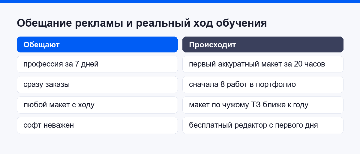 Сравнение рекламных обещаний и реального хода обучения графическому дизайну