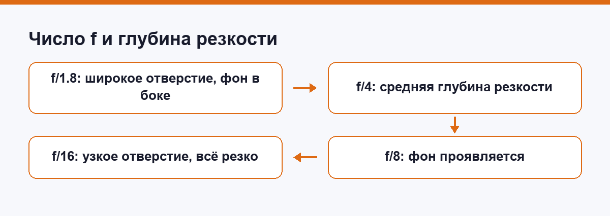 Схема: как f-число меняет глубину резкости от размытого фона к резкому кадру