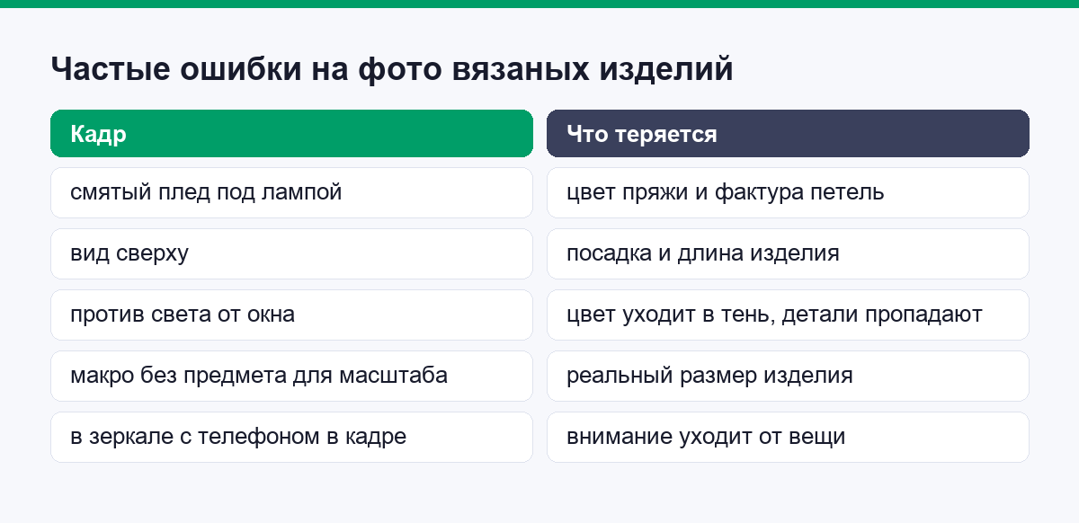Таблица частых ошибок фото вязаных изделий и что каждая скрывает