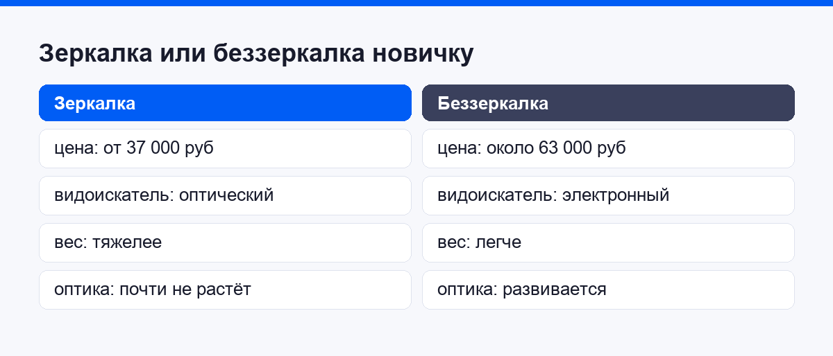 Сравнение зеркалки и беззеркалки для новичка по цене, видоискателю, весу и оптике