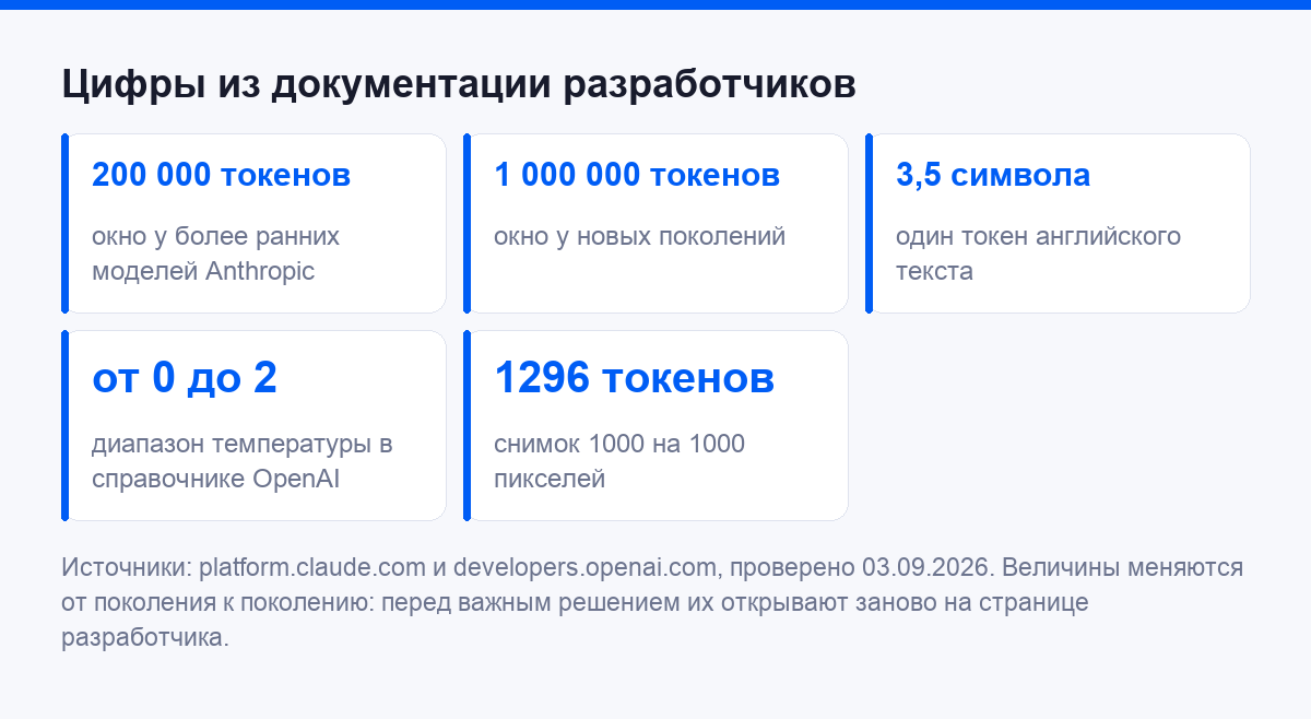 Цифры из документации разработчиков с датой проверки