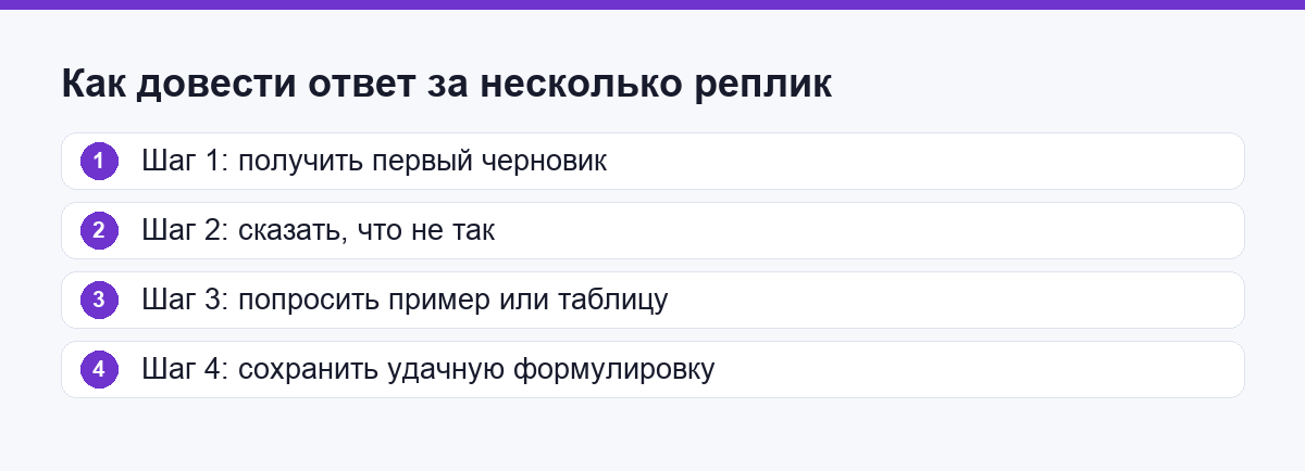 Шаги доработки ответа: получить черновик, сказать что не так, попросить пример или таблицу, сохранить формулировку